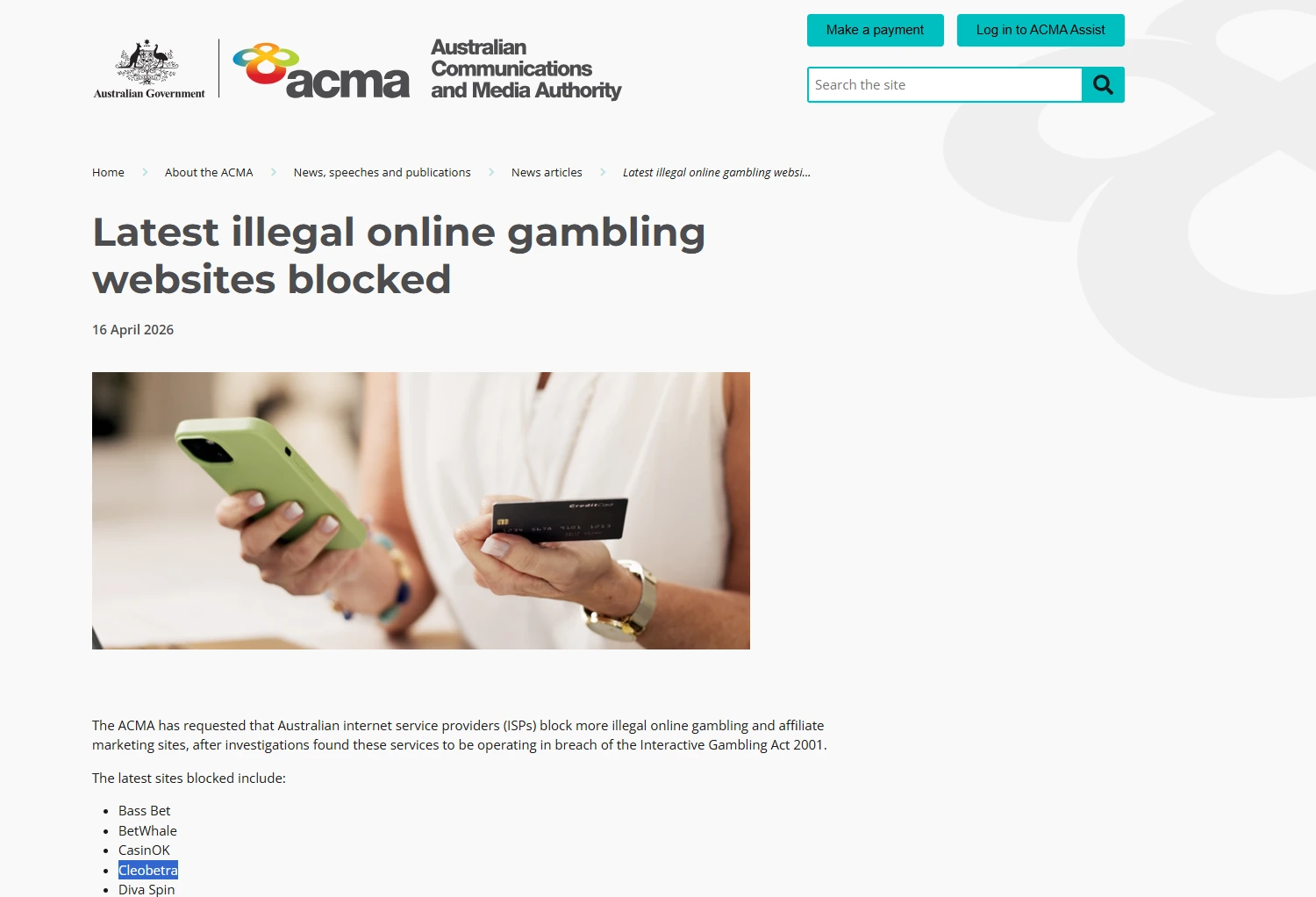 ACMA notice naming Cleobetra in the April 2026 blocking action.